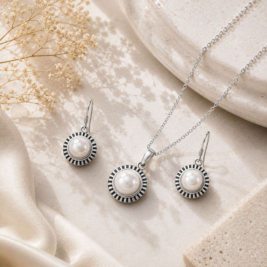 White Stone Sunflower Sterling Silver Pendant Set for Women