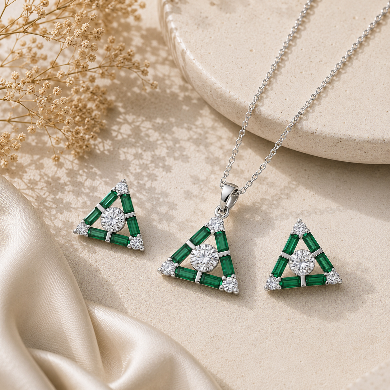 Pyramid Baguette Sterling Silver Pendent Set