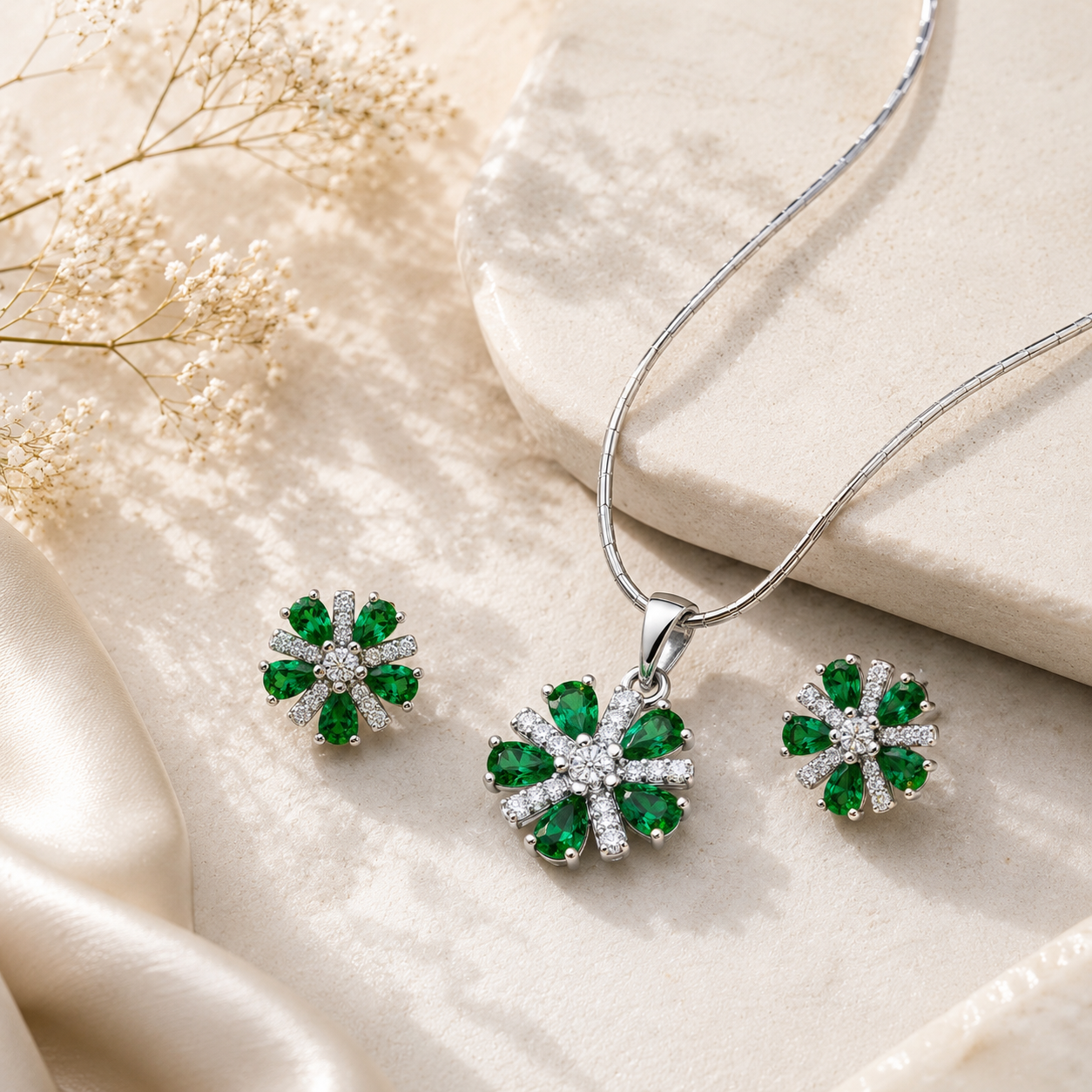 The Emerald Bloom Sterling Silver Pendant Set for women