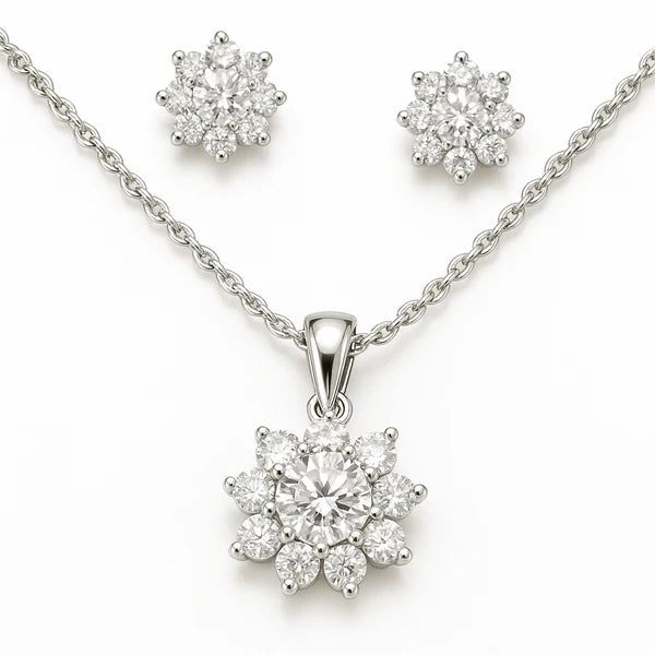 Diamond Petal Sterling Silver Pendant Set