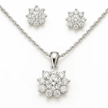 Diamond Petal Sterling Silver Pendant Set
