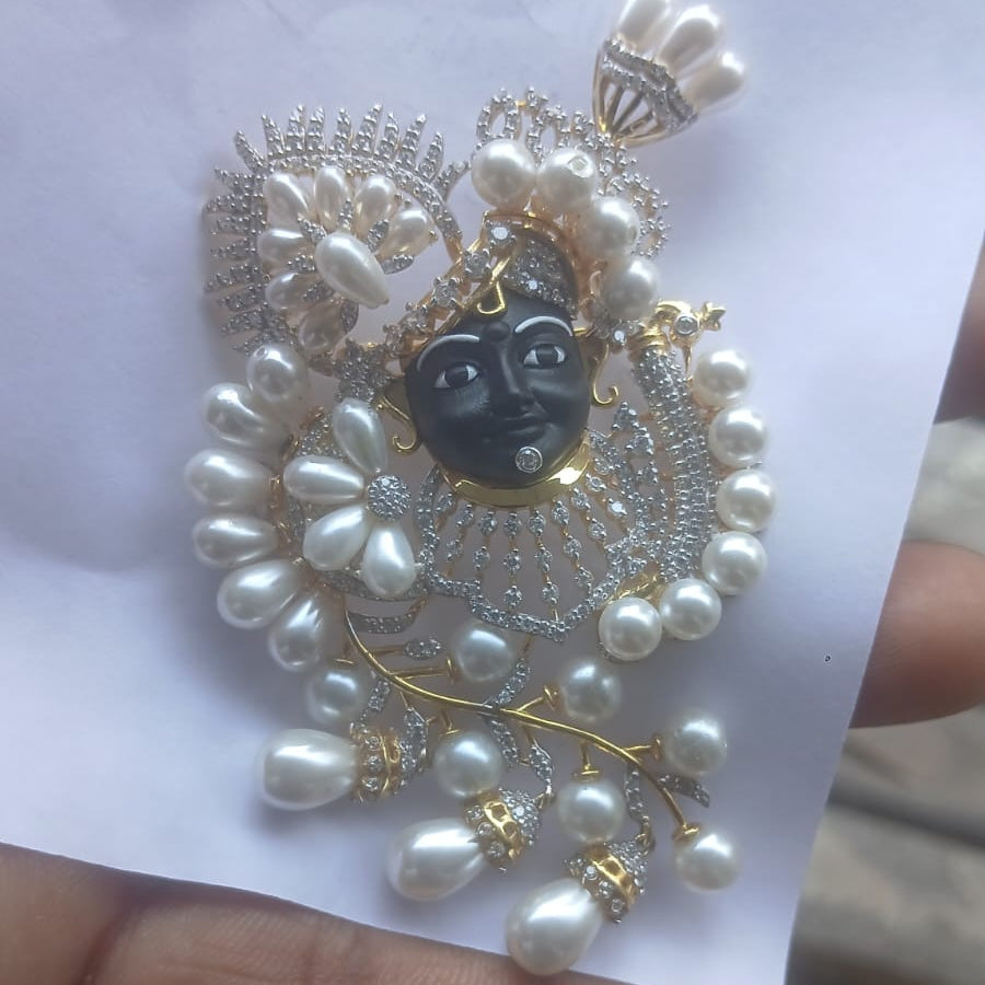 Custom Krishna Heritage Pendant in BIS Hallmarked 925 Sterling Silver with sapphire-blue square border stones and white accents handcrafted by Rivansh.