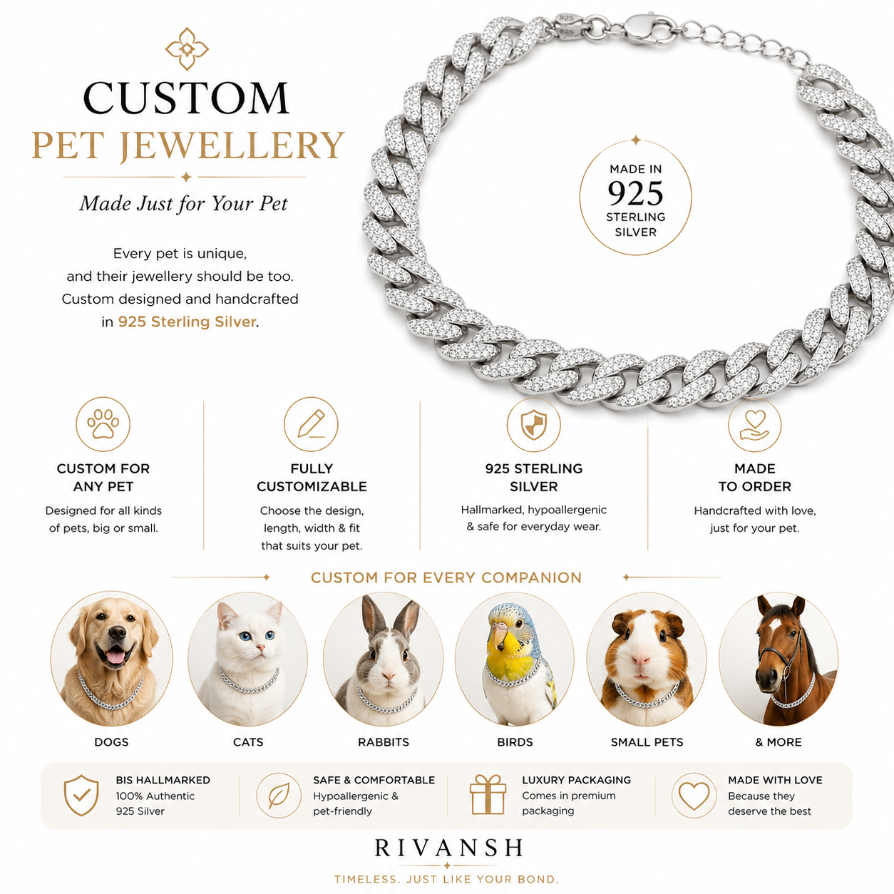 Custom pet jewellery necklace with product details on a white background