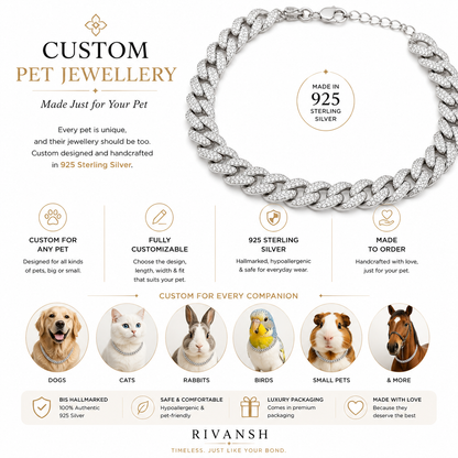 Custom pet jewellery necklace with product details on a white background