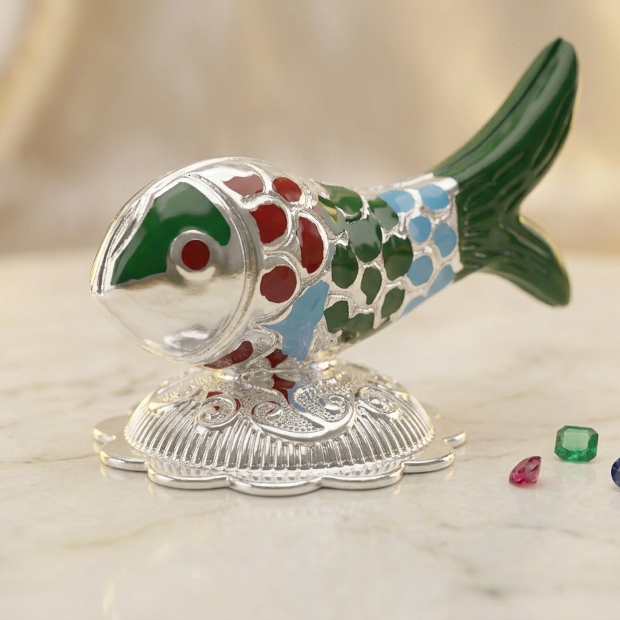 Decorative fish-shaped object with colorful patterns on a marble surface.