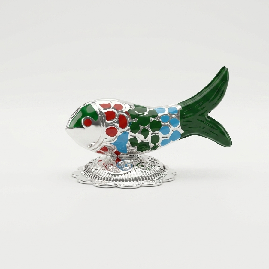 Decorative fish-shaped object with colorful scales on a white background
