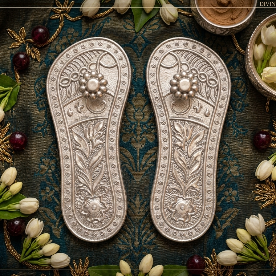 Decorative silver sandals with intricate designs on a patterned fabric background.