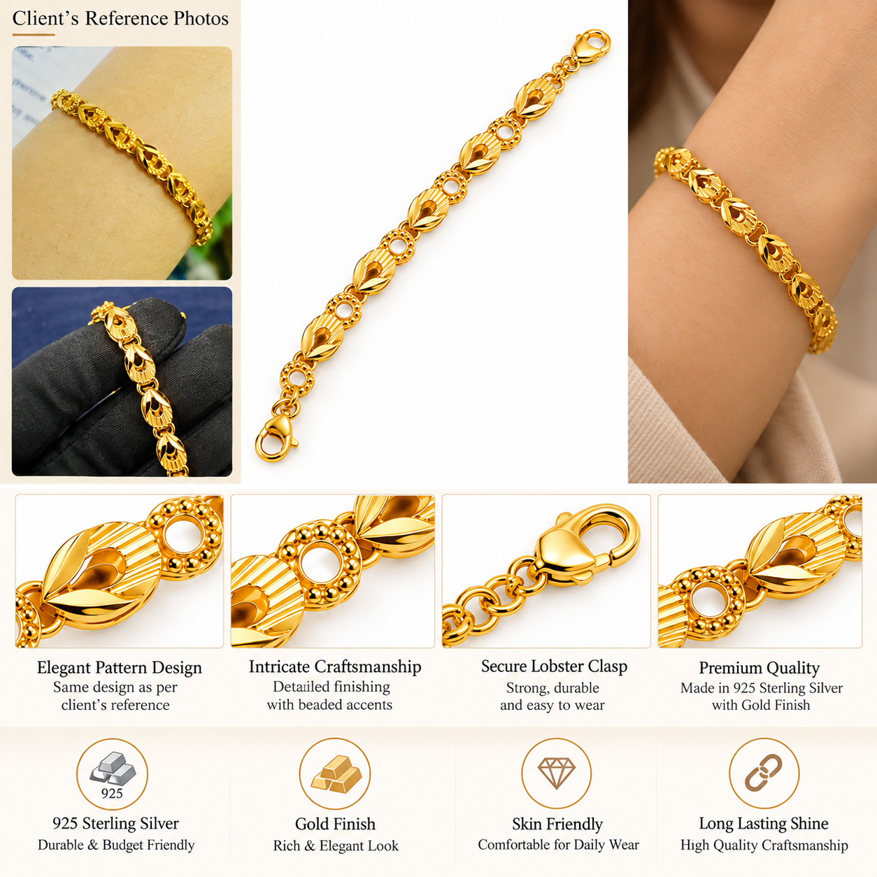 We recreated a customer’s lost gold bracelet in 925 sterling silver, preserving its original design and cherished memories with refined gold-plated detailing.
