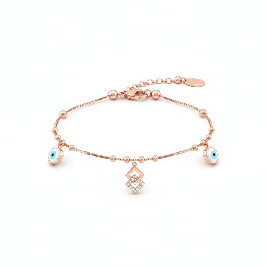 Entangled squares with evil eye anklet 925 silver on white - Rivansh