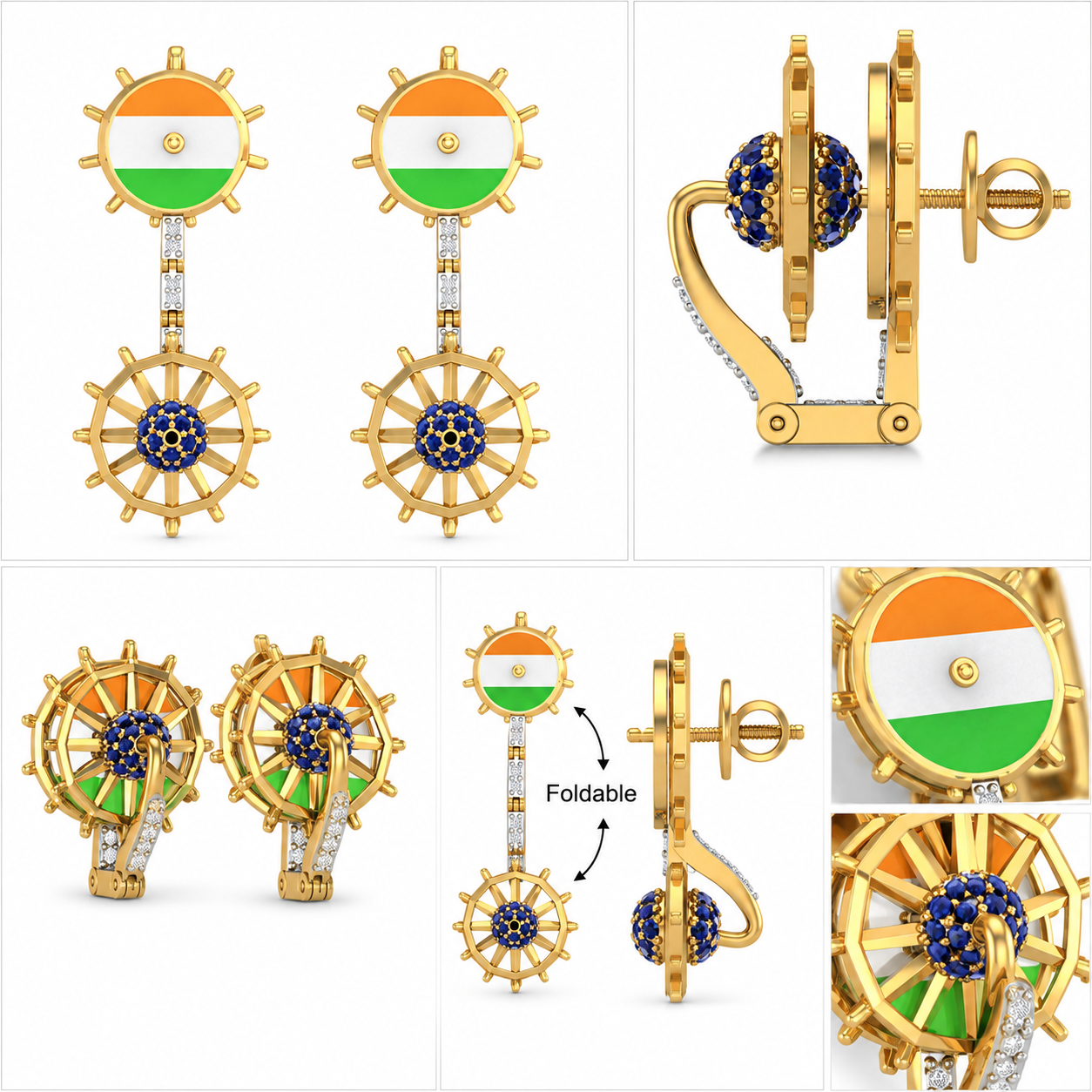Gold foldable dangle earrings with an Indian flag sun disc on top, a vertical crystal-studded connector, and a blue stone-encrusted wheel at the bottom. Shown from multiple angles on a white background.