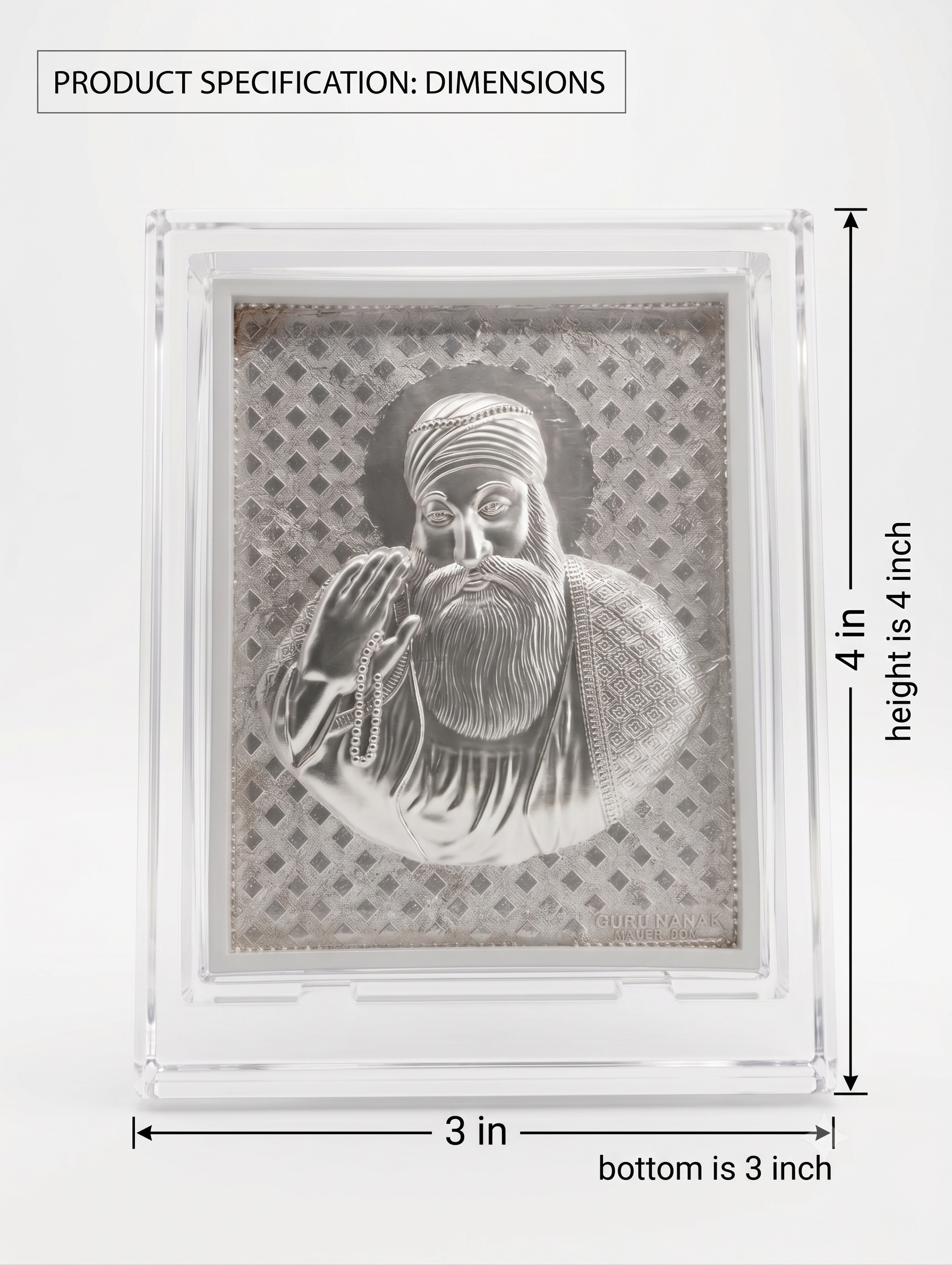 Framed artwork of a bearded figure with measurements on a white background