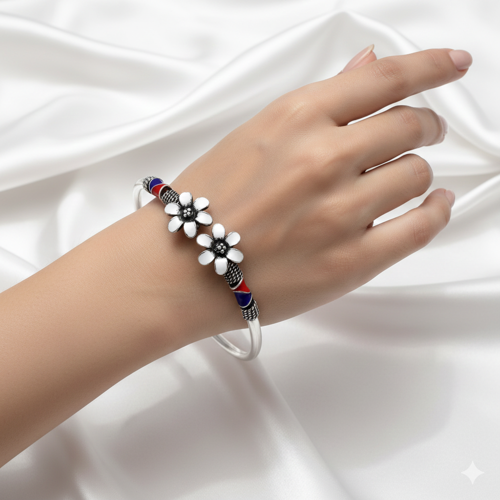 White Flowers Silver Bracelet