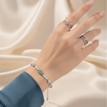 Green Heart Silver Bracelet for Her