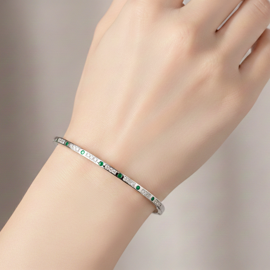 Silver Shine Green Cuff Bracelet