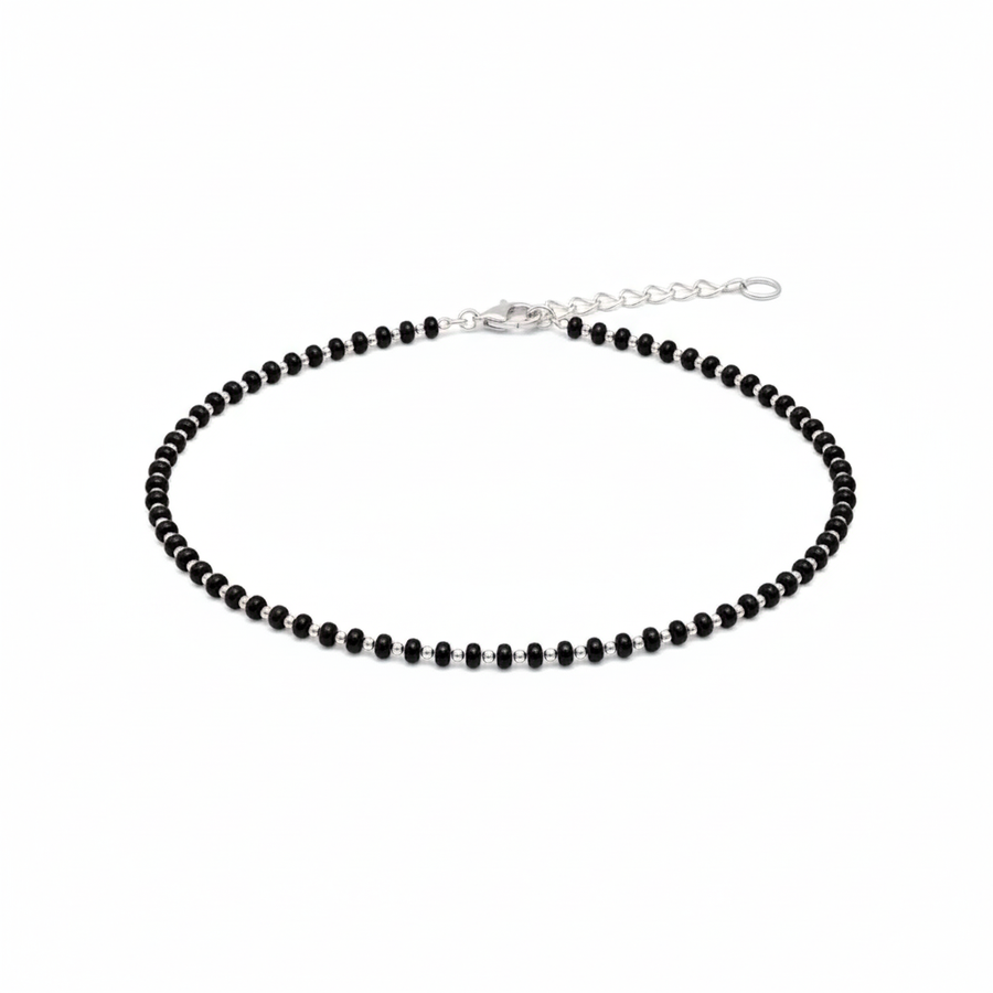 Black Beads Silver Anklet for Women
