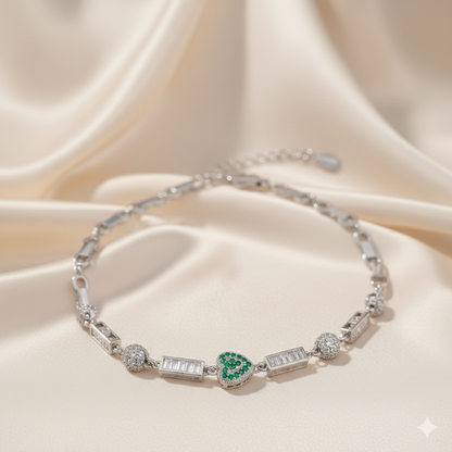 Green Heart Silver Bracelet for Her