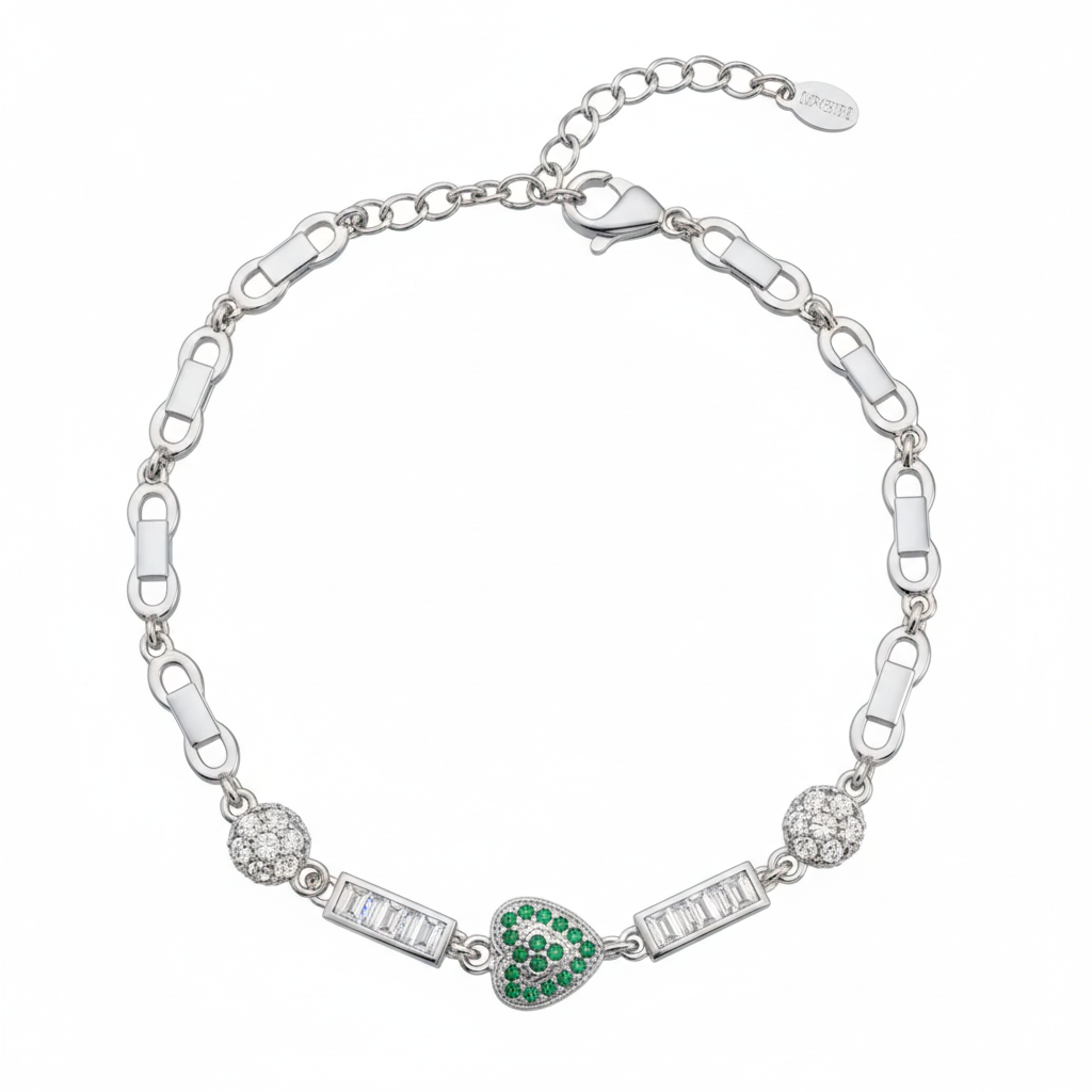 Green Heart Silver Bracelet for Her