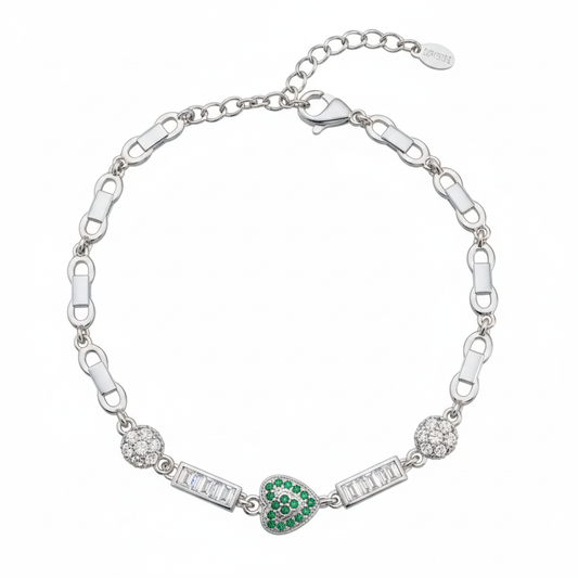 Green Heart Silver Bracelet for Her