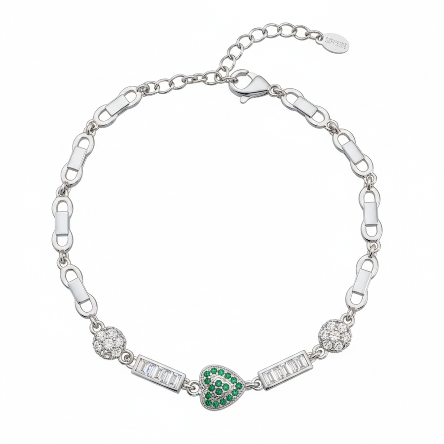 Green Heart Silver Bracelet for Her