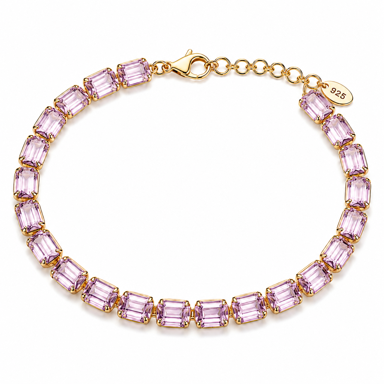 Gold Necklace with pink gemstones on a white background