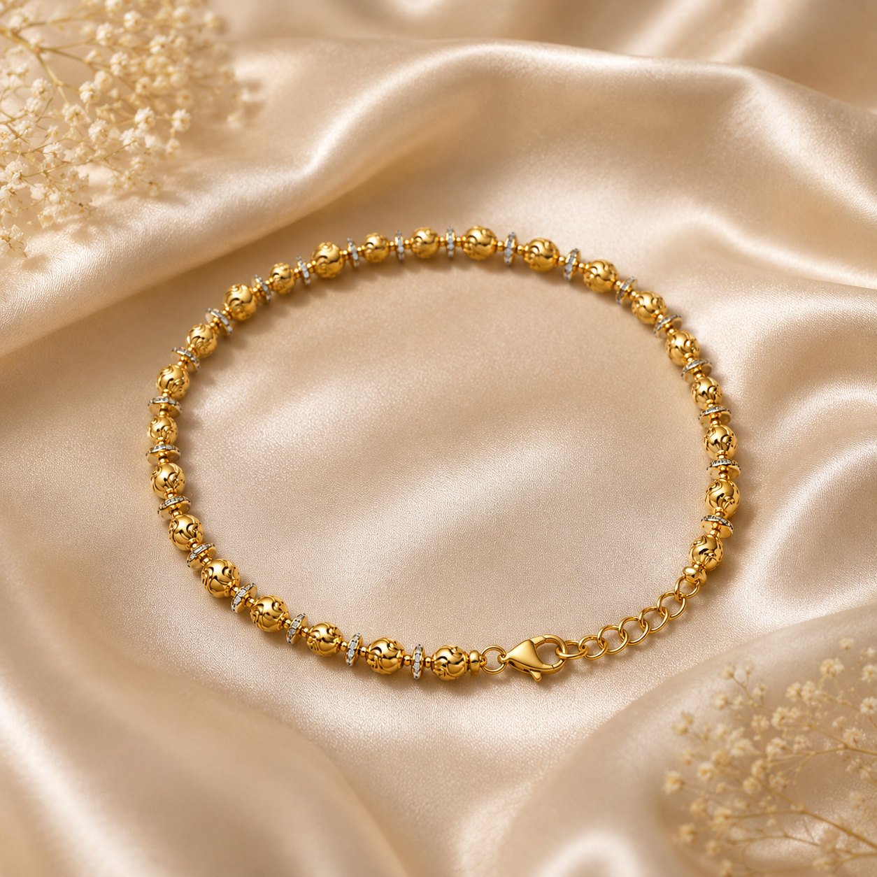 Gold anklet with small diamonds on a beige satin background