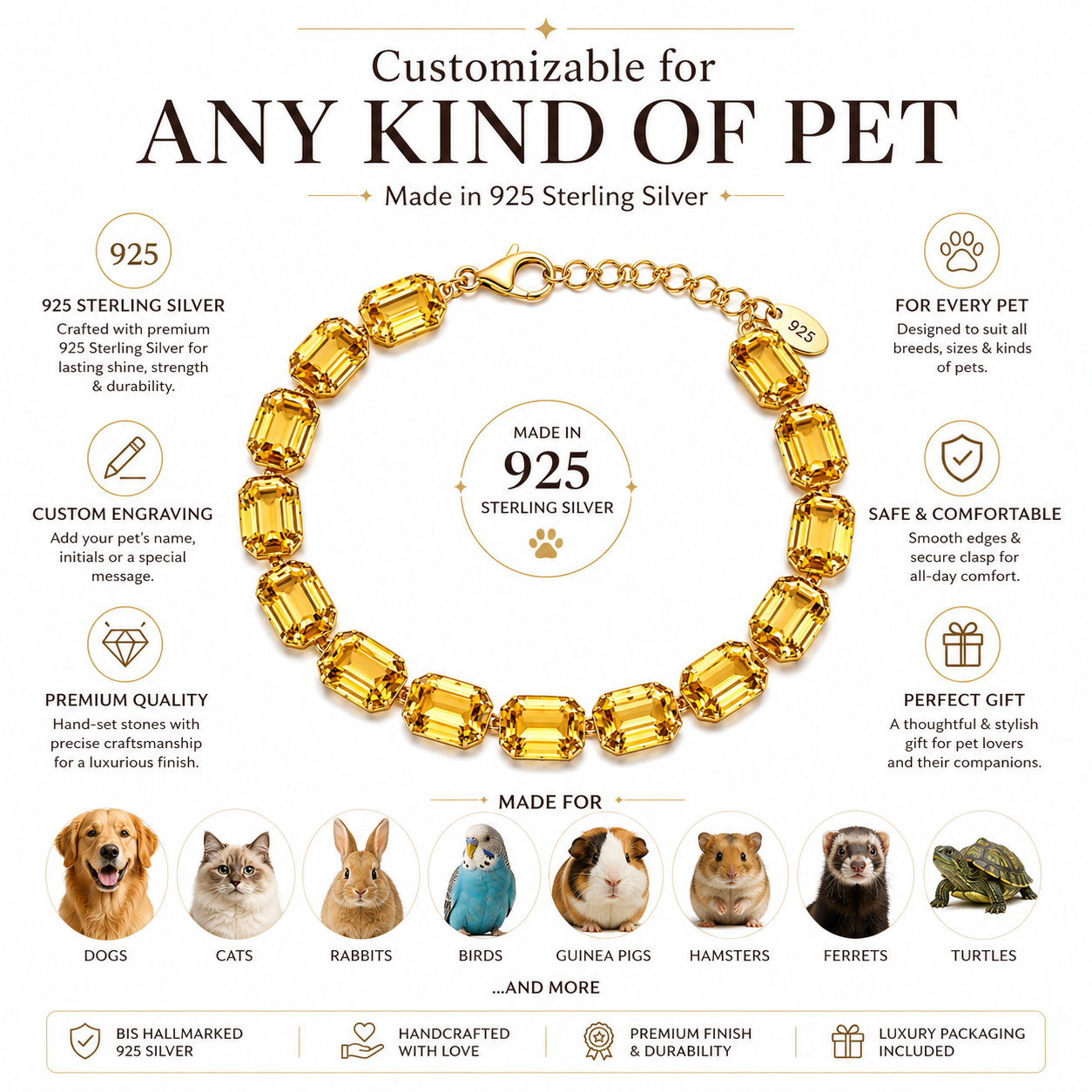 Gold bracelet with yellow gemstones on a white background, featuring customizable options for pets.