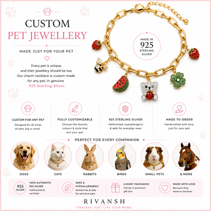 Gold necklace with pet-themed charms on a pink background, featuring text about custom pet jewelry by Rivansh.