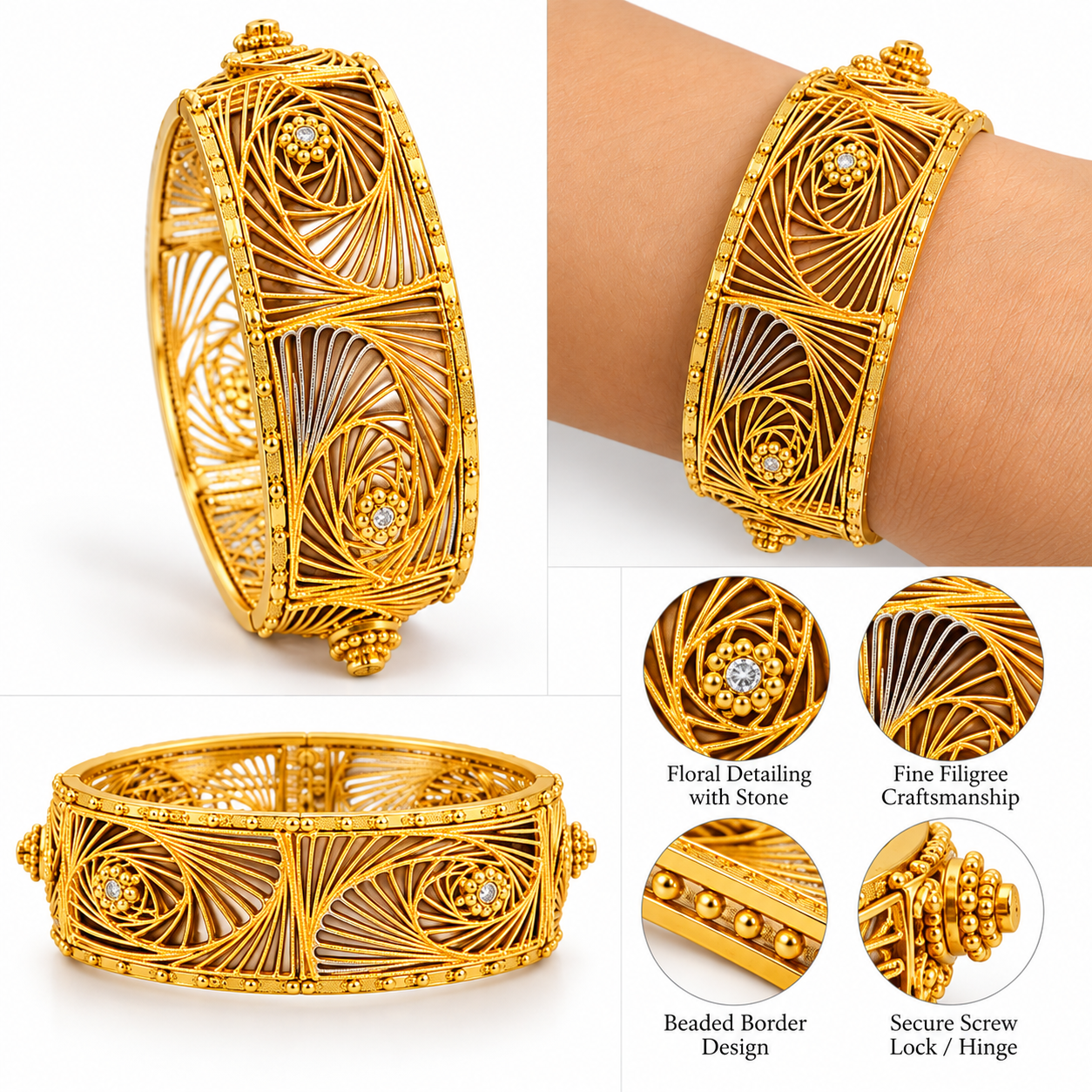 Gold filigree bangle bracelet shown in multiple views, including a full product shot, worn on a wrist, and close-up detail circles highlighting floral detailing, fine filigree craftsmanship, a beaded border, and a secure screw lock hinge.
