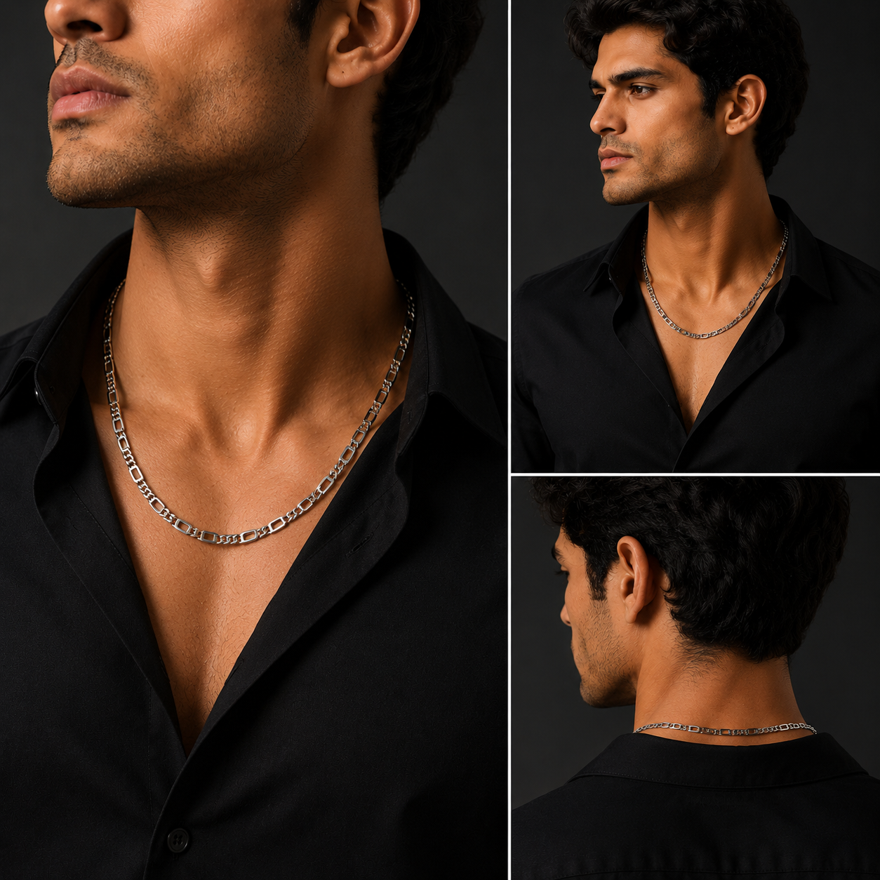 Male model wearing a premium white rhodium plated 925 sterling silver Rivansh chain necklace