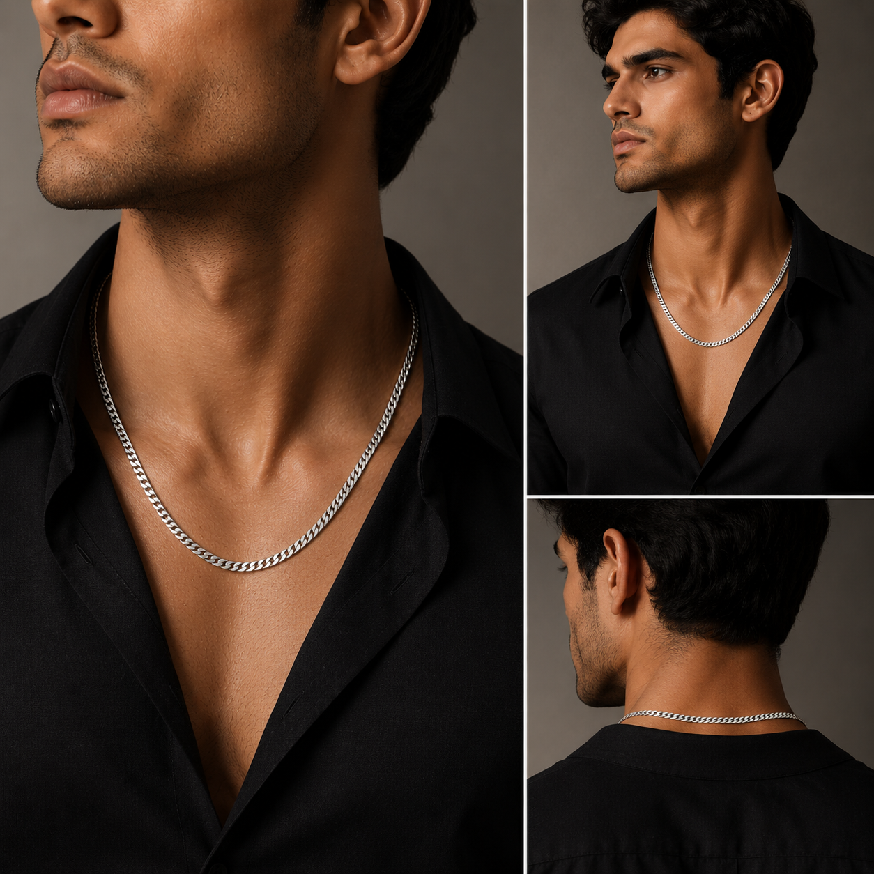 Male model wearing a white rhodium plated 925 sterling silver curb chain necklace shown from multiple angles