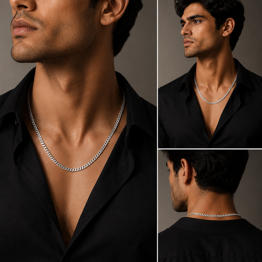 Male model wearing a white rhodium plated 925 sterling silver curb chain necklace shown from multiple angles