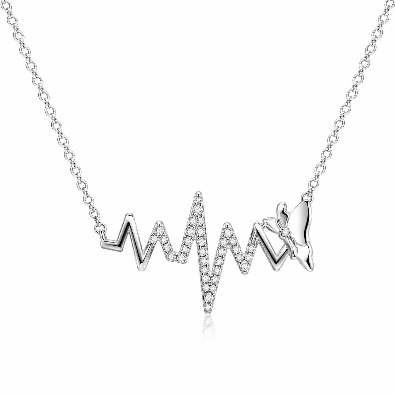 Modern 925 silver pulse heartbeat line pendant bar set with fine micro-pavé stones on a link chain.