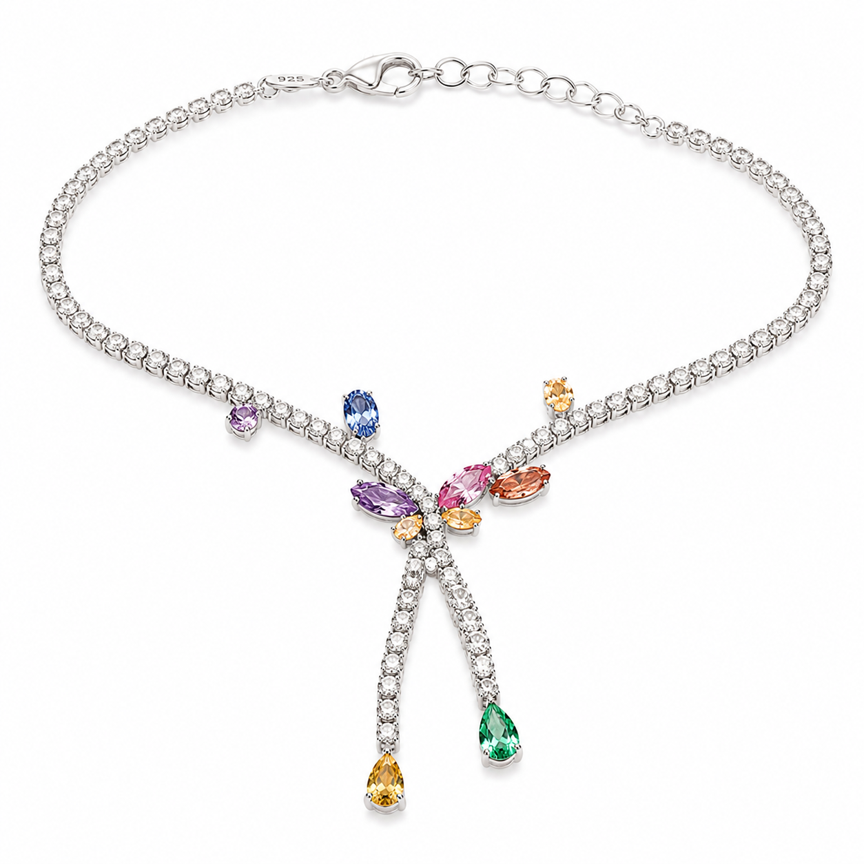 Multicolored gemstone necklace on a white background