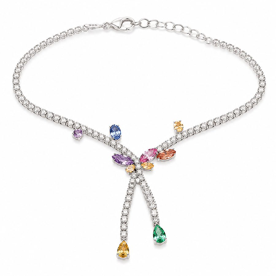 Multicolored gemstone necklace on a white background