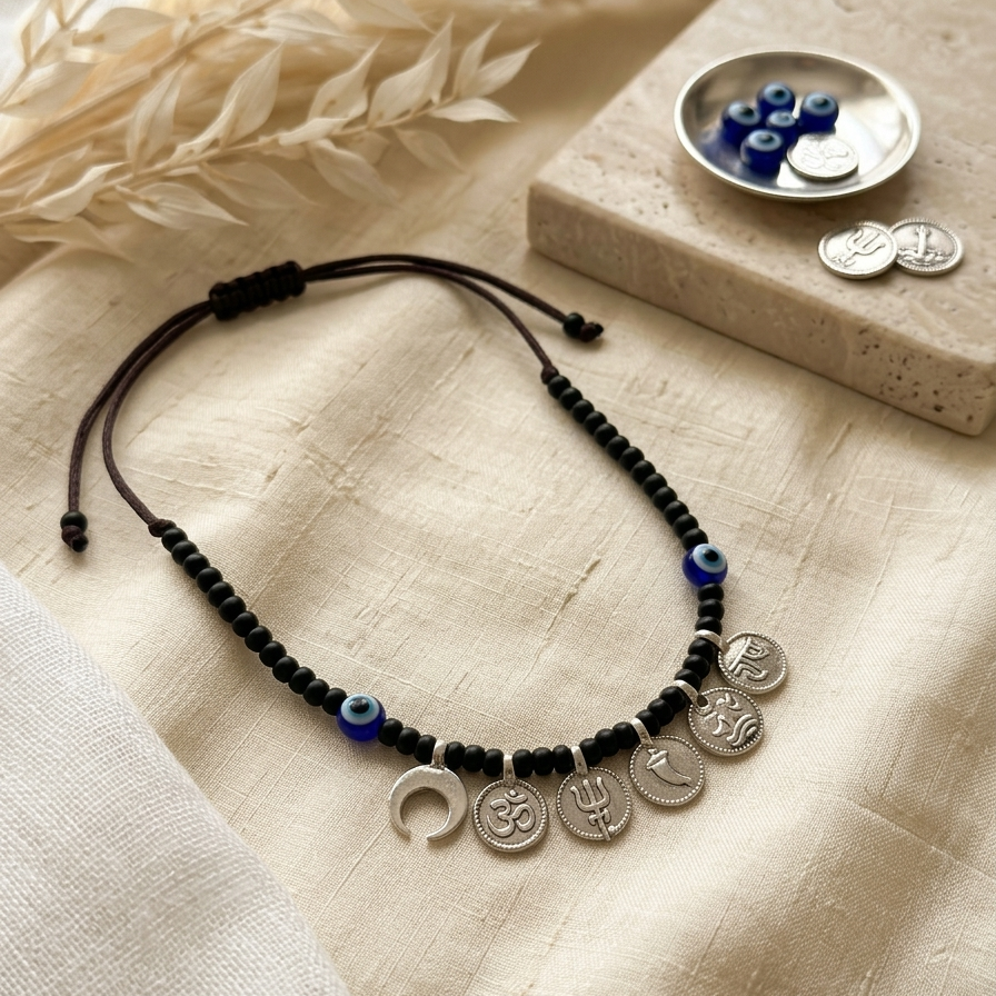Necklace with black beads and silver charms on a beige surface with dried plants and coins.