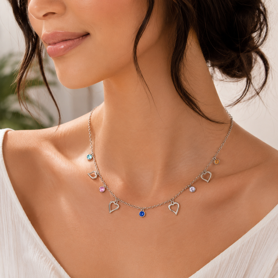 Necklace with heart-shaped charms worn by women