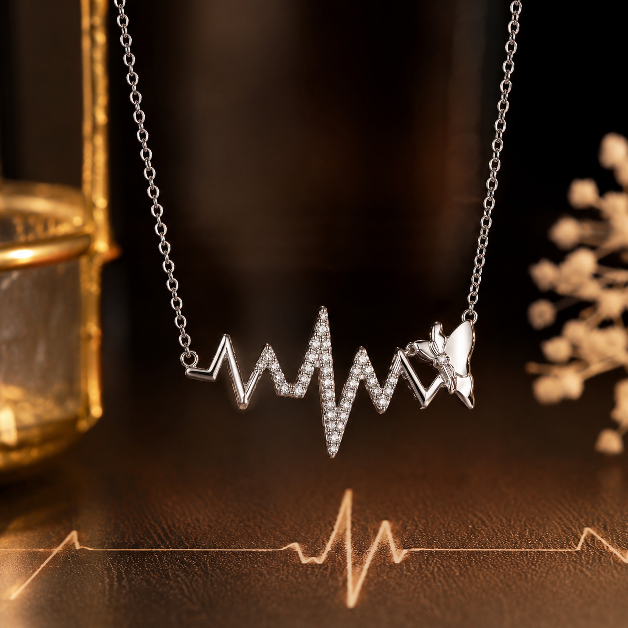 Necklace with heart rate and butterfly design on a dark surface
