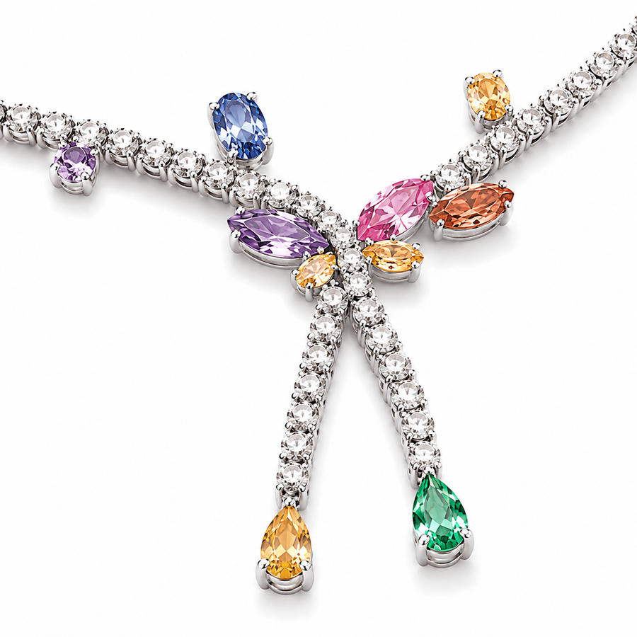 Necklace with multicolored gemstones on a white background