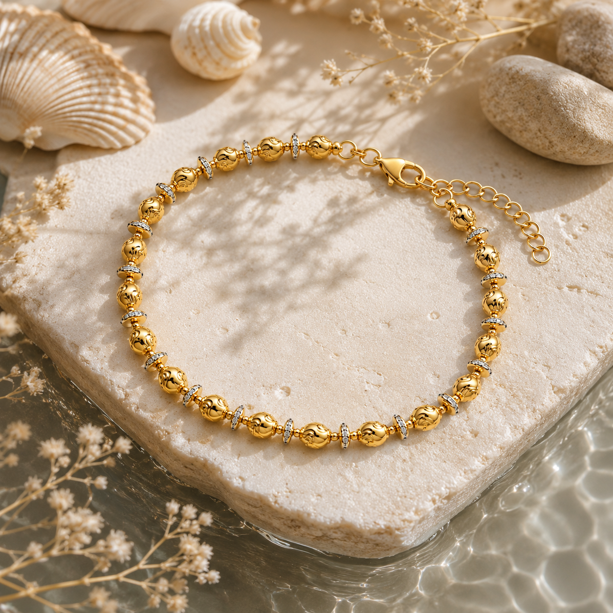 Opulent gold-plated 925 silver anklet highlighting textured gold spheres and crystal-studded spacer rings.