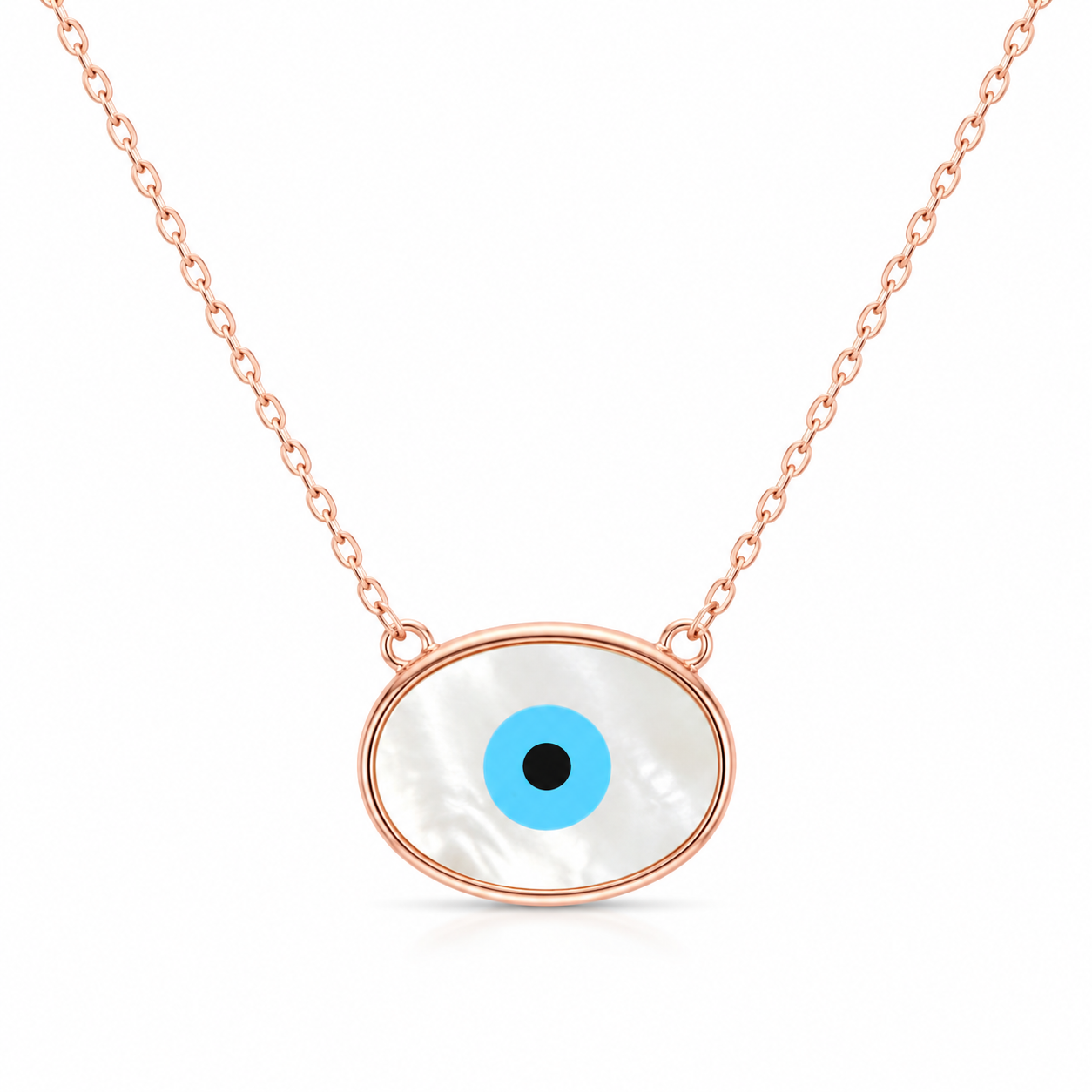 Oval evil eye pendant featuring an iridescent mother-of-pearl inlay and a blue central stone in a silver frame.