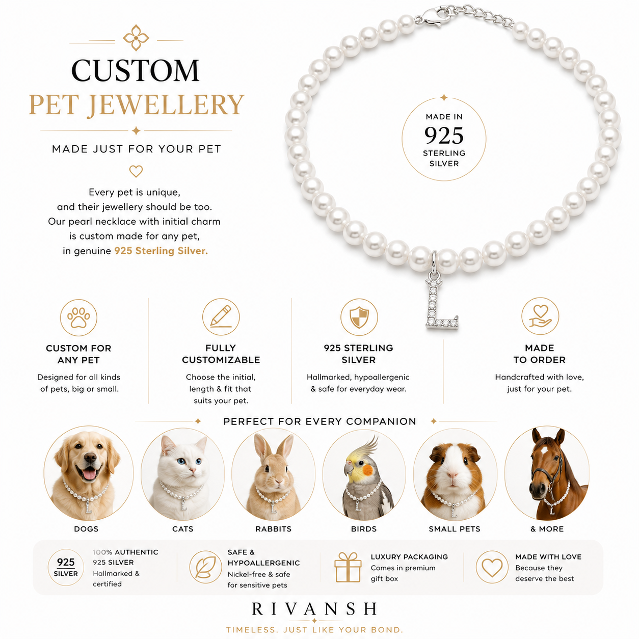 Pearl necklace with initial charm for pets, made from 925 Sterling Silver, by Rivansh.