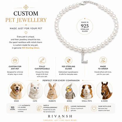 Pearl necklace with initial charm for pets, made from 925 Sterling Silver, by Rivansh.