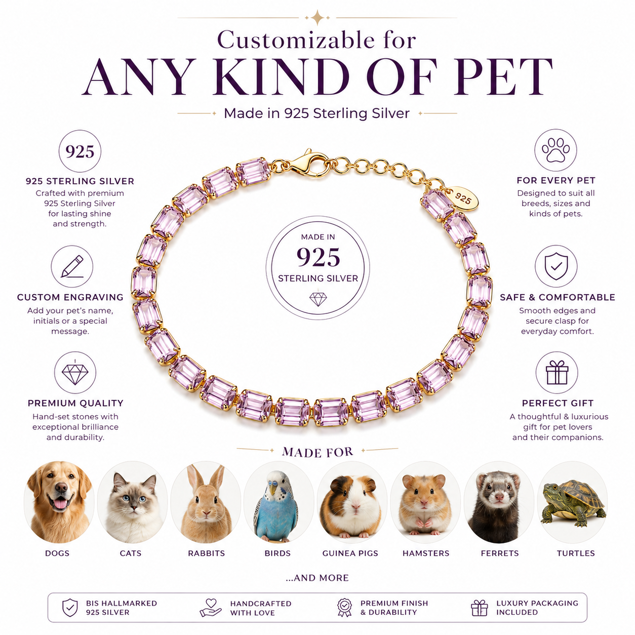 Pet Necklace with pink gemstones and gold accents, customizable for pets, made in 925 sterling silver.