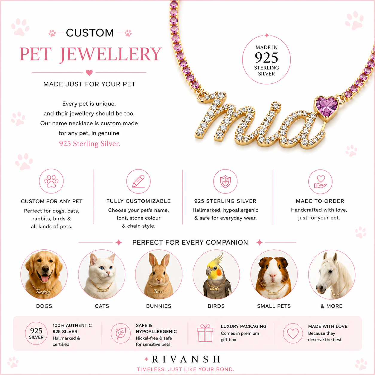 Pet jewelry necklace with 'milo' engraving on a pink background, featuring Rivansh brand.