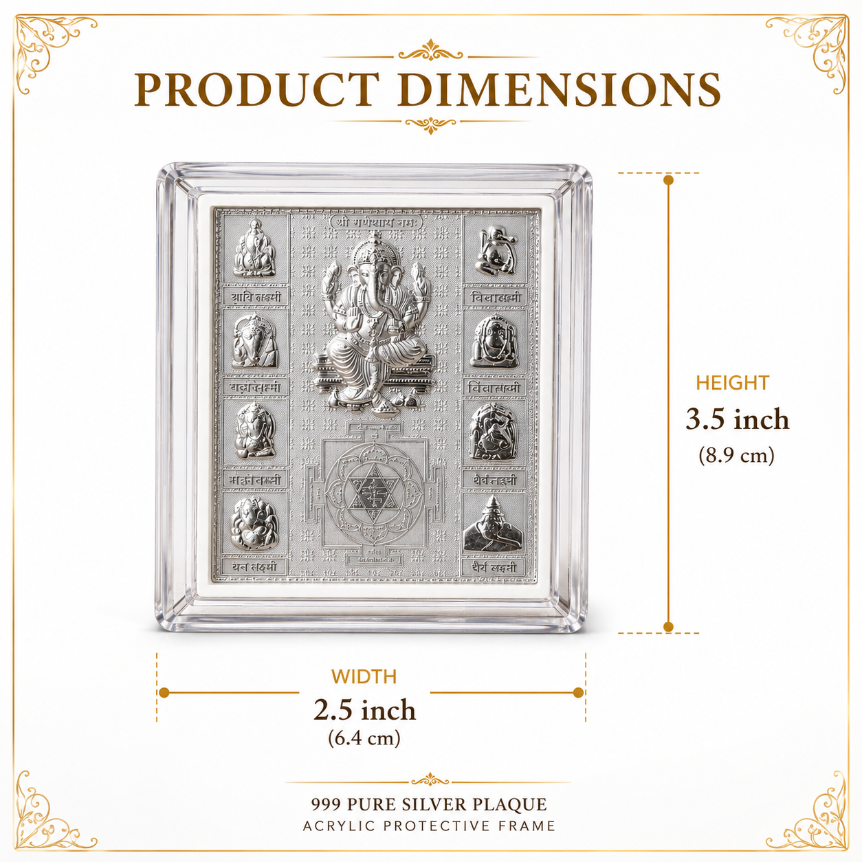 Product dimensions of a 999 pure silver plaque with decorative frame.