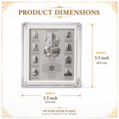 Product dimensions of a 999 pure silver plaque with decorative frame.