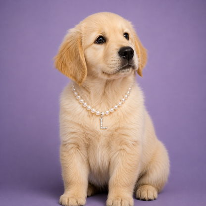 Puppy wearing a pearl necklace with a letter 'L' on a purple background
