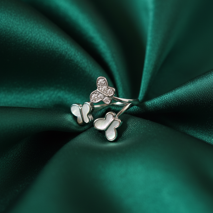 Rivansh 925 Silver Wave AAA Cubic Zirconia Statement Ring on silk cloth