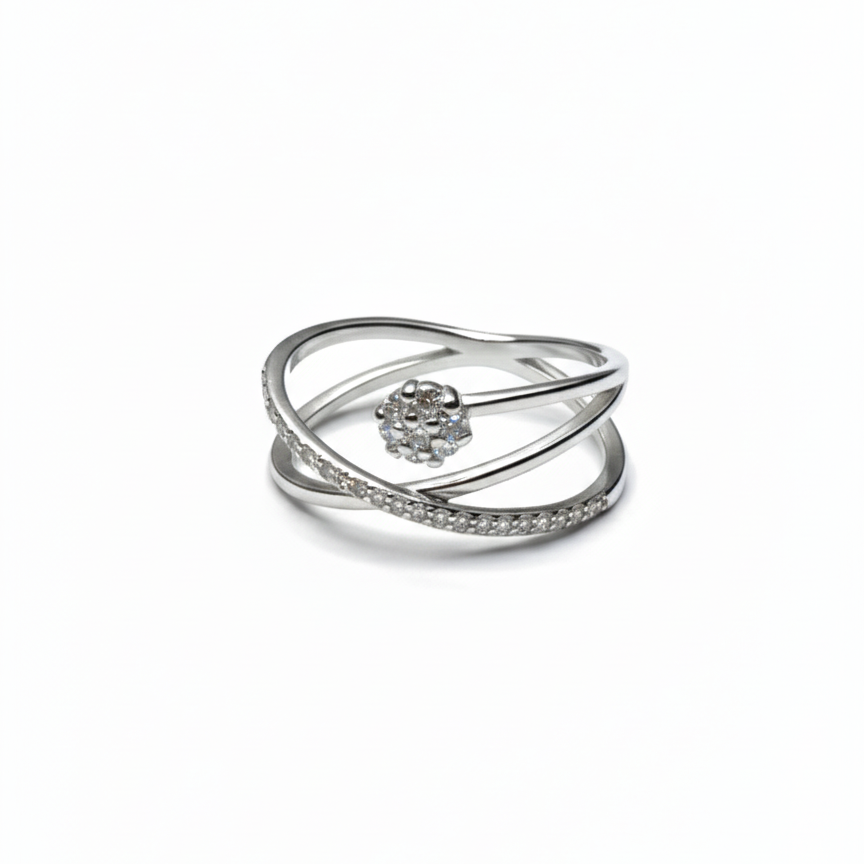 Rivansh aurelia wide mesh openwork structural lattice ring in micro polished 925 silver.