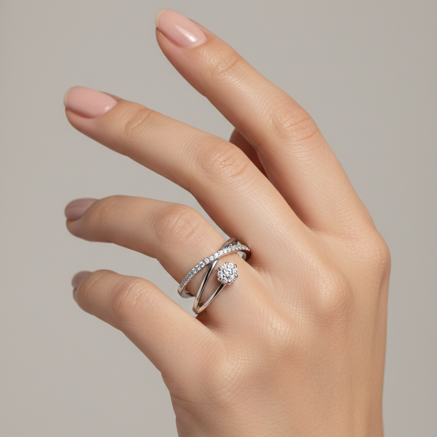 Rivansh aurelia wide mesh openwork structural lattice ring in micro polished 925 silver on female model